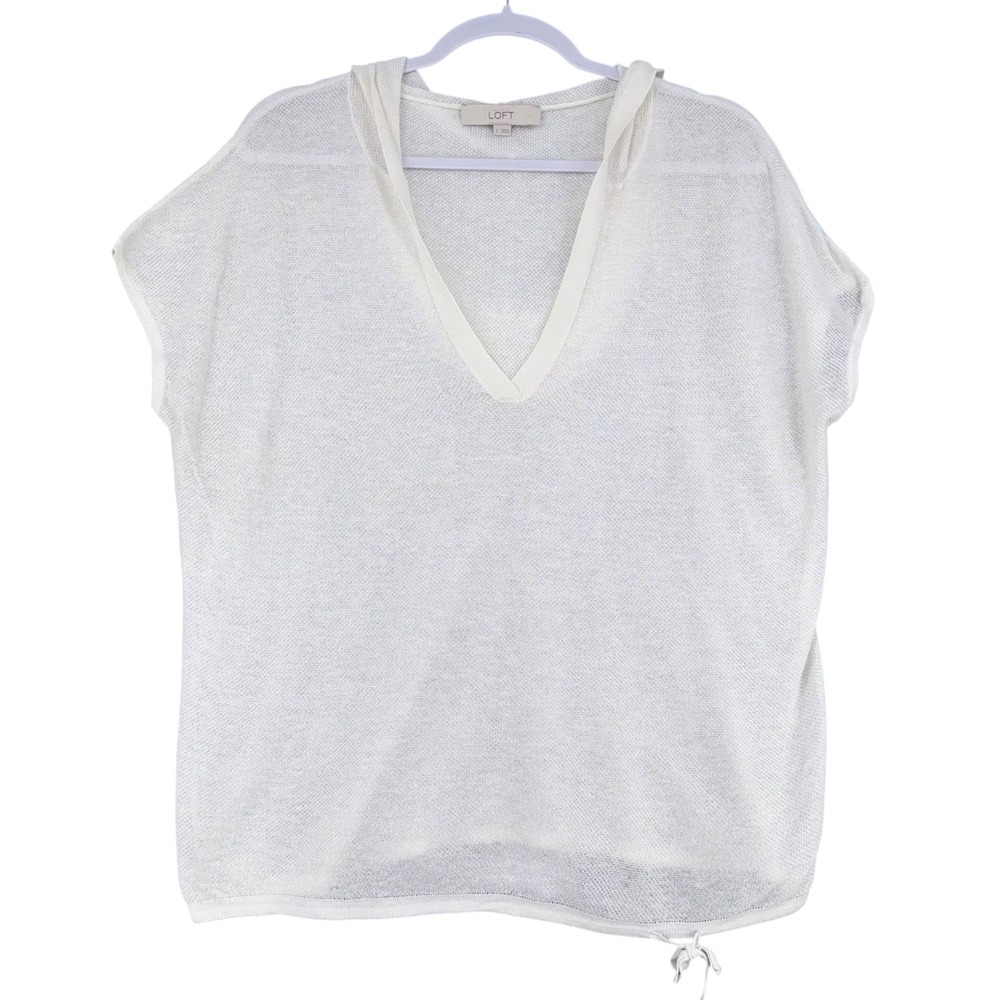 LOFT White Short Sleeve Hooded Knit Sweater Top Women's Size S Drawstring Hem‎